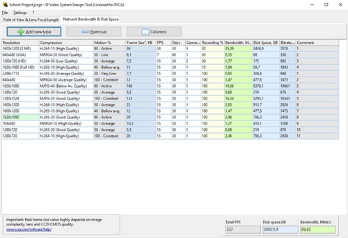 camera bandwidth and storage space screenshot