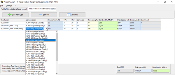 ip camera storage calculator in IP video system design tool software